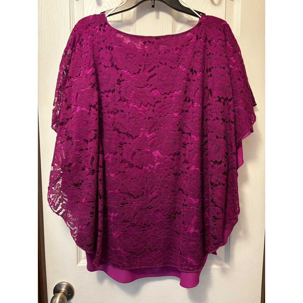 Caleesa Magenta Purple Floral Lace Overlay Poncho Blouse Top Womens 1X - Picture 5 of 8